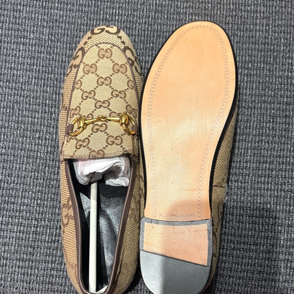 Gucci Beige Monogram Loafers with Gold Detail